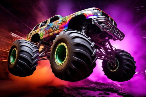 Monster truck with neon lighting, jumping off-road in cloud of dust. Excitement and thrill of an