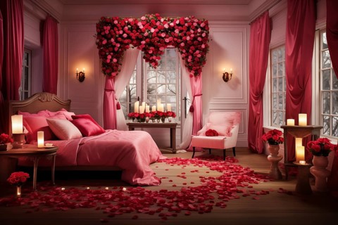 A cozy bedroom adorned with red and white heart-shaped balloons, rose petals, and candles creating