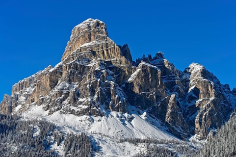 Fresh snow on the summit of Sassongher, Corvara ski resort, Kurfar, Alta Badia winter sports