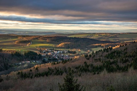 Landscape at the Grosser Zacken, Taunus volcanic region. A cloudy, sunny autumn day, meadows,