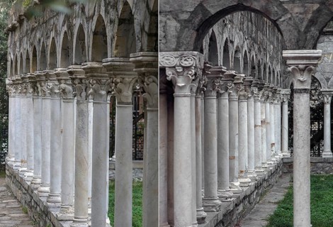Columns from the restored cloister of Sant'Andrea 12th century, Via di Porta Soprana 12, Genoa,