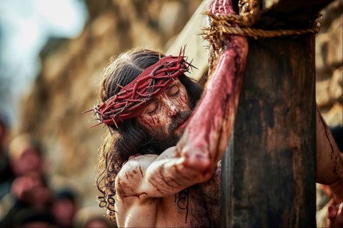 Depiction of Jesus with crown of thorns carrying the cross through the streets to the place of