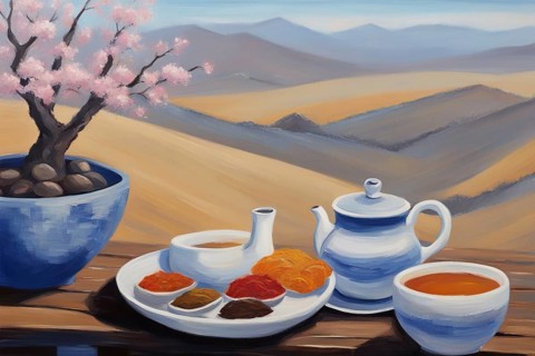 Painting capturing two cups of tea on a table on a terrace face beautiful landscape, japanese