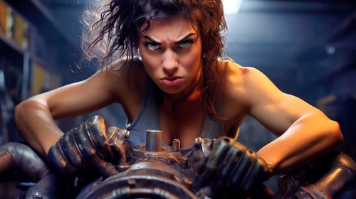 A young woman with a piercing gaze and raised eyebrows stands behind a cannon, ready to shoot, AI