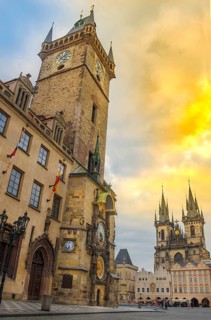 Beautiful Old Town Square with Church of our Lady Tyn and medieval astronomical clock on the Old
