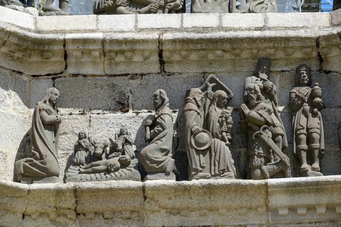 Stone reliefs Nativity, Adoration of the Magi, Calvary Calvaire, Enclos Paroissial de Pleyben