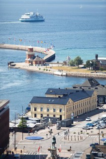 View of the harbour of Helsingborg and the Oeresund, Skane laen, Sweden, Europe