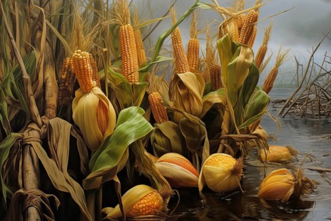Devastated corn field after a flood, AI Generated, AI generated