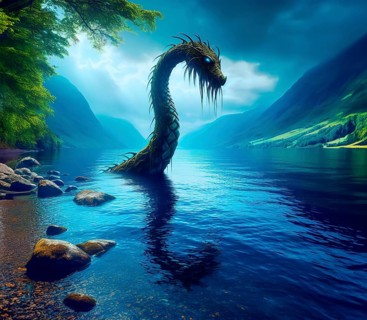 Mythology, the mythical creature Nessie, the Loch Ness monster, in Loch Ness in Scotland, AI