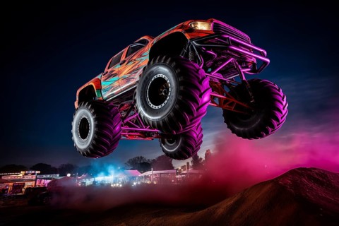 Monster truck with neon lighting, jumping off-road outdoors in cloud of dust, during a night event,