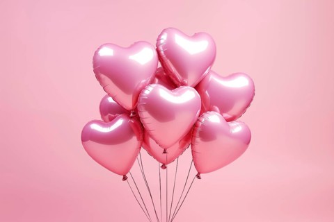 Bunch of glossy pink heart-shaped balloons against a soft pink background, perfect for Valentine