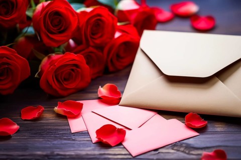 Vibrant red roses, a romantic valentine love letter in an elegant envelope, and scattered rose