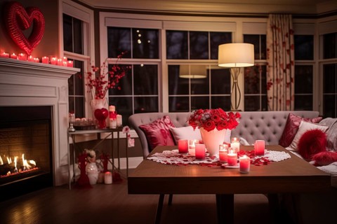 A cozy living room adorned with Valentine's Day decorations, featuring pink balloons, a bouquet of