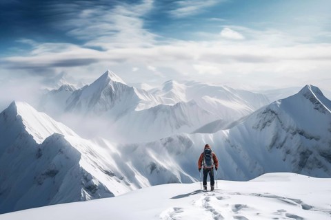 A mountaineer in mountains approaching a majestic snowy mountain peak amidst a snowfall and snow