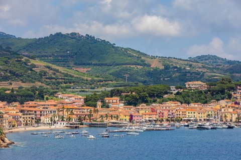 Sailing yachts in the harbour of Porto Azzurro, Elba, Tuscan Archipelago, Tuscany, Italy, Europe