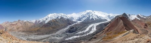 Panorama, high mountain landscape with glacier moraines and glacier tongues, glaciated and