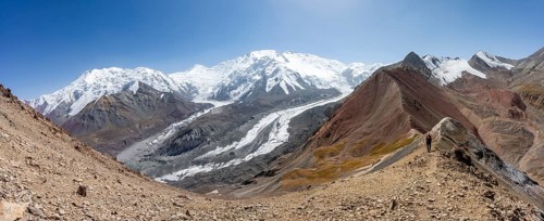 High mountain landscape with glacier moraines and glacier tongues, glaciated and snow-covered