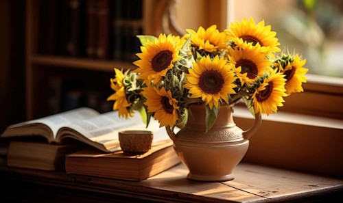 Terracotta vase with sunflowers, books on a wooden table in soft light AI generated