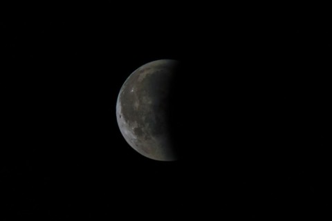 Half moon in the night sky, clearly visible moon craters and grey tint, Haan, North