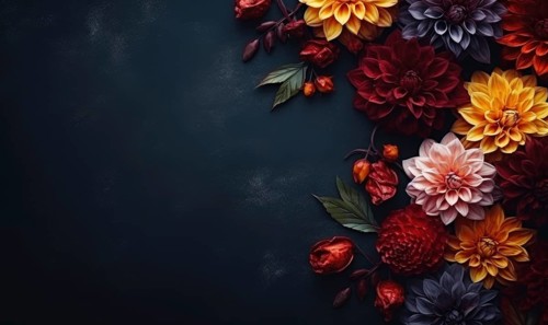 A dark-themed floral arrangement with vibrant dahlias and chrysanthemums creating a moody