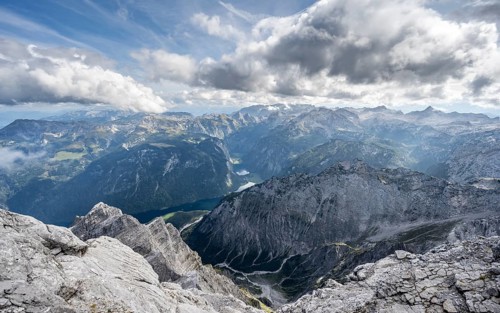 View of Koenigssee and Obersee with Steinernes Meer, at the summit of the Watzmann Mittelspitze,
