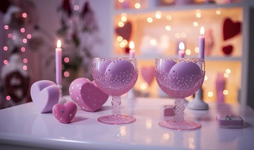 Colorful, heart-themed glasses surrounded by candlelight for a cheerful occasion AI generated