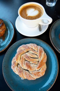 Traditional Swedish fika with cinnamon bun, Sweden, meal, food, plate, served, appetising, Europe