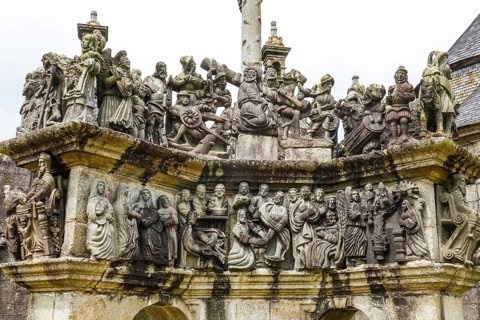 Calvary Calvaire, granite stone carving, Enclos Paroissial parish enclosure of Guimiliau, Finistere