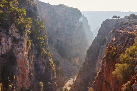 Deep view into a wooded gorge penetrated by gentle sunbeams, Aradena Gorge, Aradena, Sfakia, Crete,