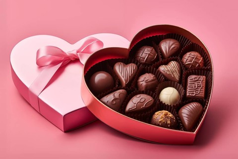 Heart-shaped box with a selection of finely crafted chocolates, perfect for Valentine Day, on pink