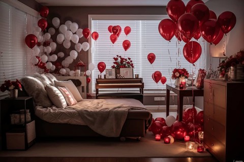 A cozy bedroom adorned with red and white heart-shaped balloons, rose petals, and candles creating