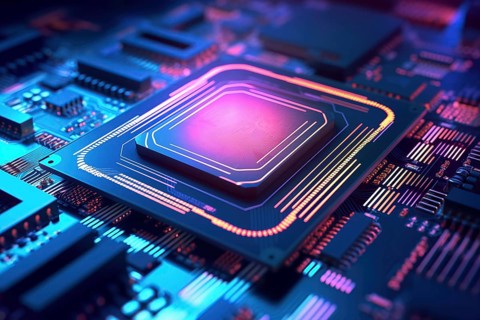 Close-up of a computer processor chip CPU on a motherboard with glowing neon lights. The chip is