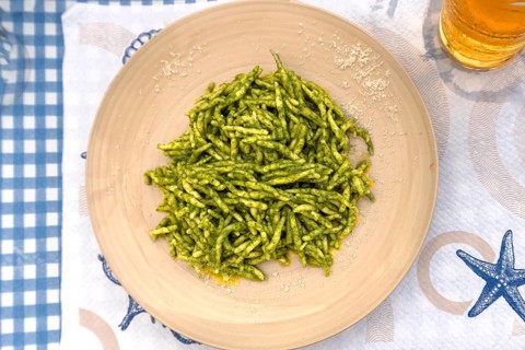 Genoese speciality, Trofie al pesto alla genovese, pasta with pesto alla genovese, Genoa, Italy,