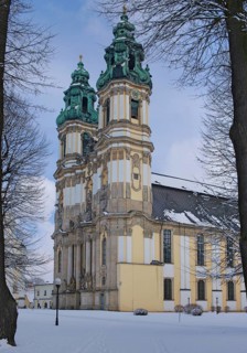 Historic Cistercian Abbey in Krzeszow. Basilica of the Assumption of the Virgin Mary. Winter view.