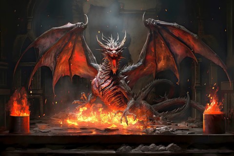 Fire breathing dragon with big open wings, claws and fangs, AI Generated, AI generated