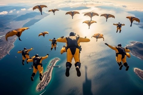 Skydivers with bat dresses flying over Dubai, AI Generated, AI generated