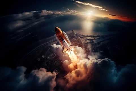 Aerial view of a rocket shuttle carrier launch at sunrise over an ocean coast. The rocket is