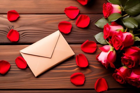 Vibrant red roses, a romantic valentine love letter in an elegant envelope, and scattered rose