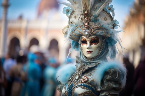 A person adorned in an elaborate and elegant costume, capturing the essence of the Venice Carnival