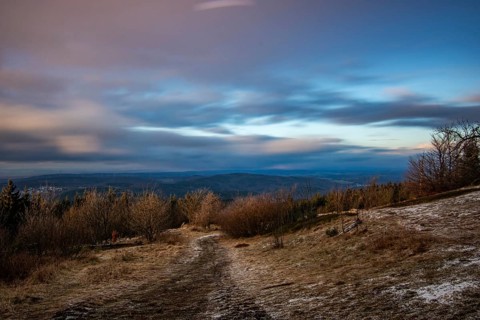 Landscape on the Grosser Feldberg, Taunus volcanic region. A cloudy, sunny winter day, meadows,