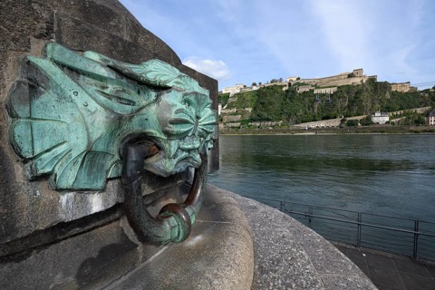 Coblenz fortress and fountain sculpture at the William I monument, Coblenz, Rhineland Palatinate,