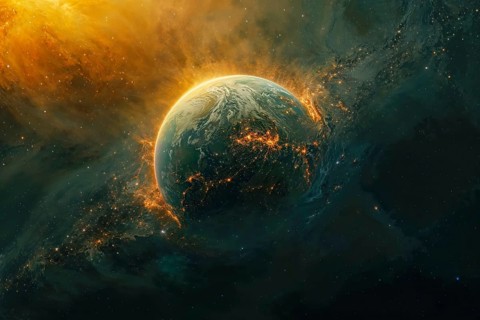 A representation of the earth in space, strongly heated, burning due to extreme radiation from the
