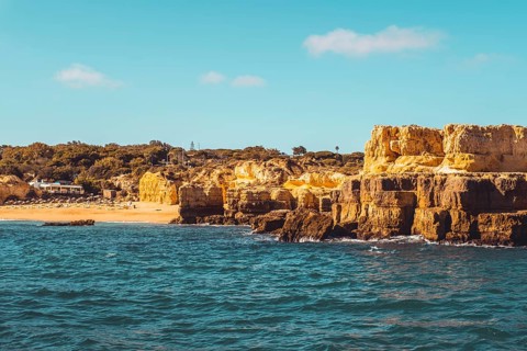 Beautiful limestone Algarve coast with caves and rock formation, Albufeira, south of Portugal