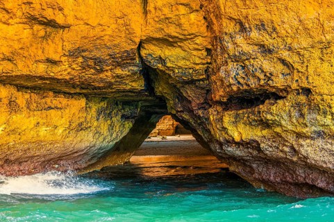Beautiful limestone Algarve coast with caves and rock formation, Albufeira, south of Portugal