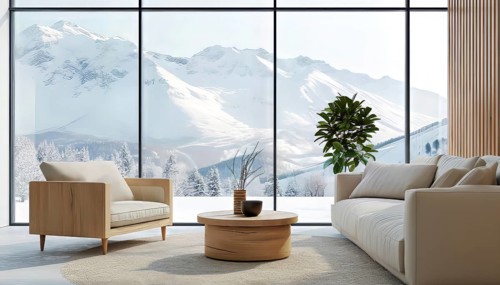 Cozy living room with modern furniture and a breathtaking mountain view through floor-to-ceiling