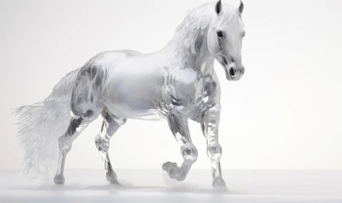 White horse with flying hair and splashes of water on white background. Frozen water splashes on
