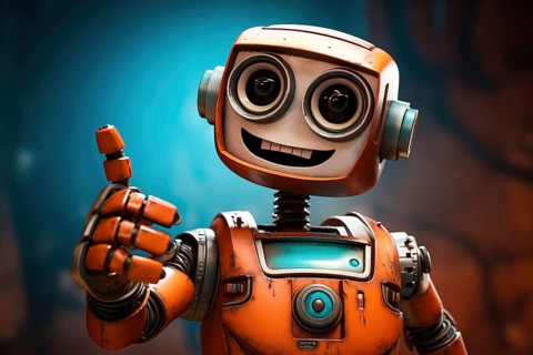 Orange robot showing a thumbs up gesture. The friendly robot has big round eyes and a friendly