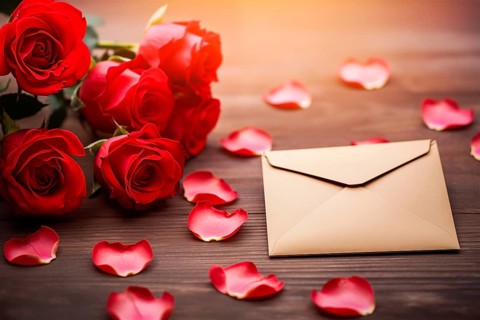 Vibrant red roses, a romantic valentine love letter in an elegant envelope, and scattered rose