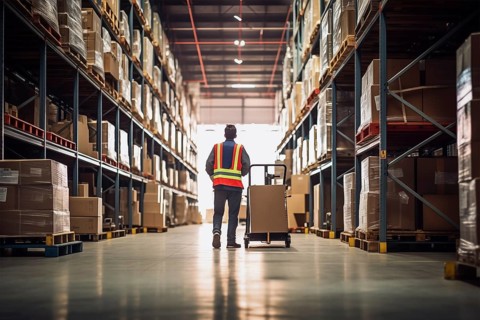 A worker in a reflective vest operates a forklift in a well-lit warehouse, navigating through