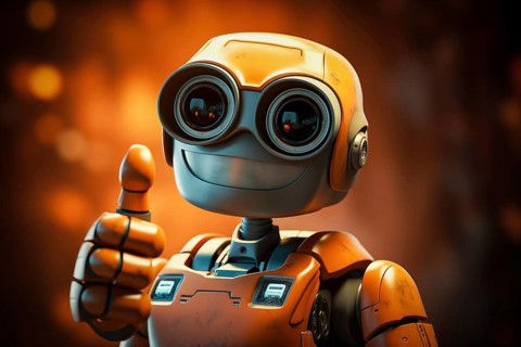 Orange robot showing a thumbs up gesture. The friendly robot has big round eyes and a friendly